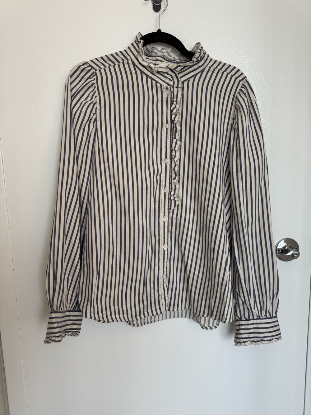H&M White and Navy Vertical Stripe Ruffle-Trim Button-Down Shirt